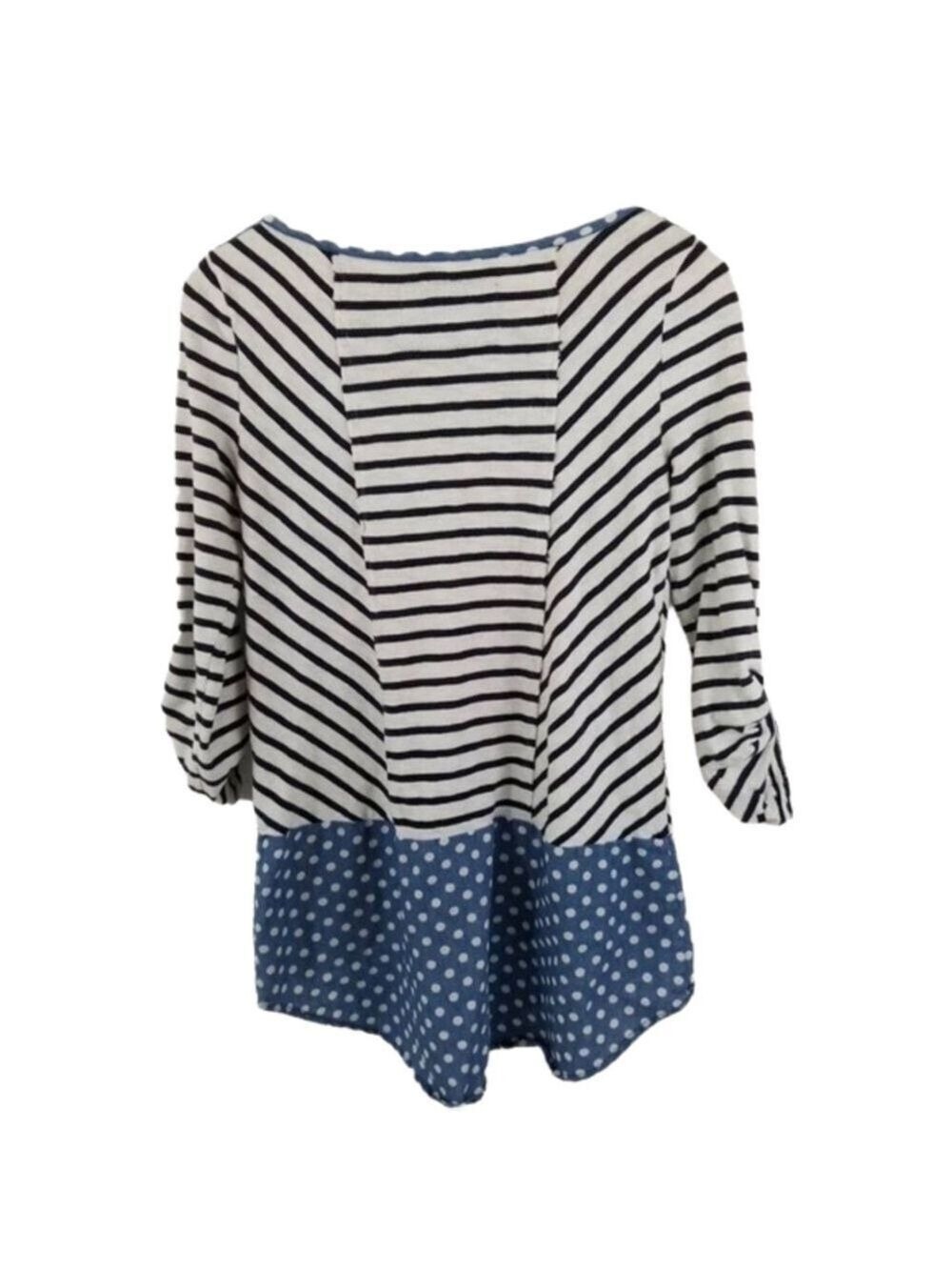 𝅺Anthropologie Postmark Fairley Postage Stamp Roll Tab Striped Polka Dot Shirt - Picture 3 of 12